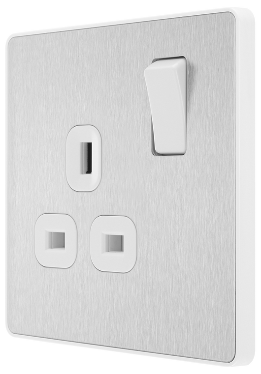PCDBS21W Side - This Evolve Brushed Steel 13A single switched socket from British General has been designed with angled in line colour coded terminals and backed out captive screws for ease of installation, and fits a 25mm back box making it an ideal retro-fit replacement for existing sockets.
