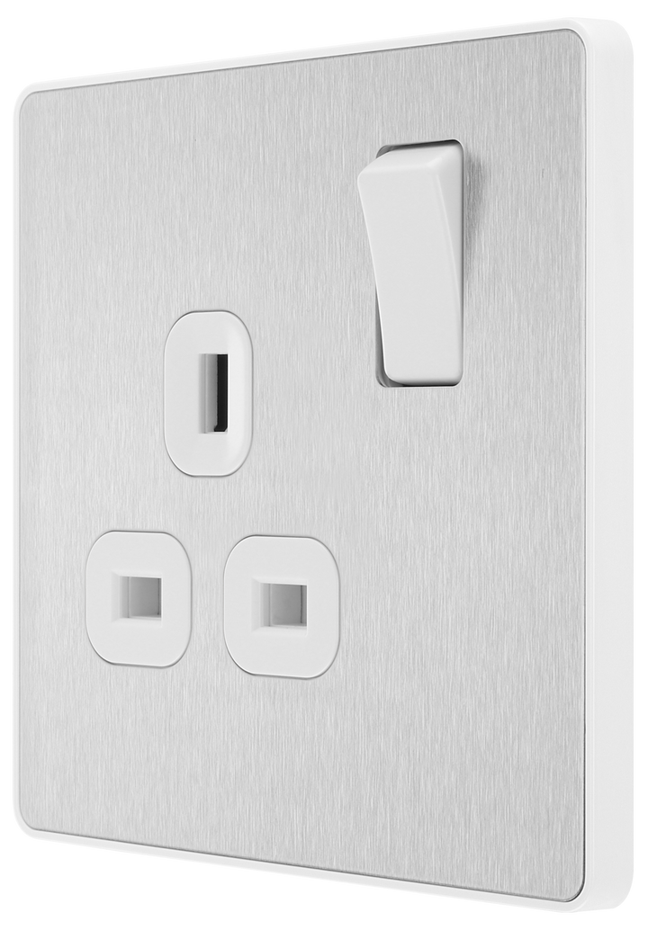 PCDBS21W Side - This Evolve Brushed Steel 13A single switched socket from British General has been designed with angled in line colour coded terminals and backed out captive screws for ease of installation, and fits a 25mm back box making it an ideal retro-fit replacement for existing sockets.