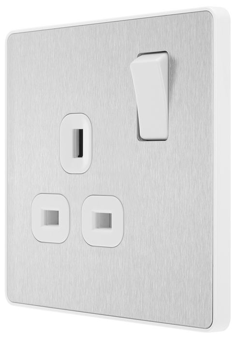 PCDBS21W Side - This Evolve Brushed Steel 13A single switched socket from British General has been designed with angled in line colour coded terminals and backed out captive screws for ease of installation, and fits a 25mm back box making it an ideal retro-fit replacement for existing sockets.