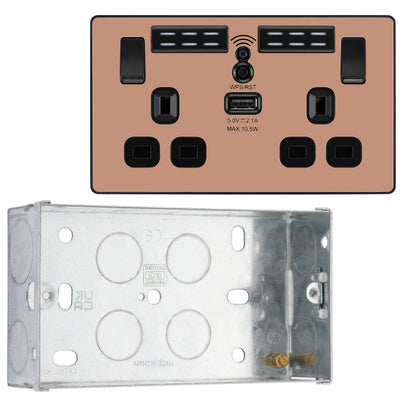 BG Evolve Polished Copper Double USB Socket with WiFi Extender PCDCP22UWRB with 35mm Steel Back Box