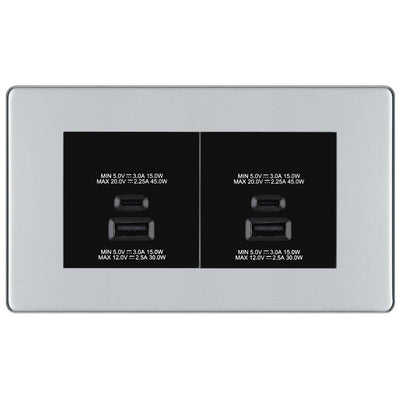 BG Screwless Polished Chrome 4G Faceplate with 45W USB A+C Charger Modules – Black Insert by British General (BG-FPCEMR4+EMUSBAC45B)