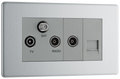 BG FBS68 Flatplate Triplex TV/FM/Sat Socket + Return & 1 Gang Tel. - Screened Brushed Steel - Grey Insert
