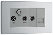 BG FBS68 Flatplate Triplex TV/FM/Sat Socket + Return & 1 Gang Tel. - Screened Brushed Steel - Grey Insert by British General (BG-FBS68-Shopify-SA_1)