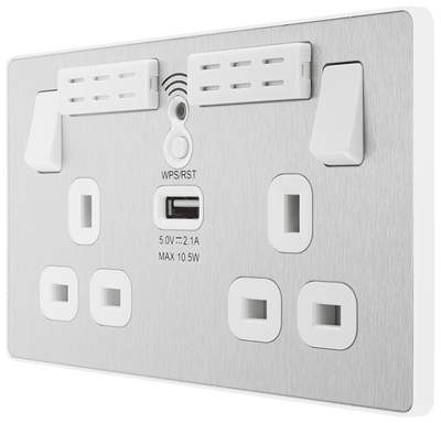 PCDBS22UWRW Front - This Evolve Brushed Steel 13A double power socket with integrated Wi-Fi Extender from British General will eliminate dead spots and expand your Wi-Fi coverage.