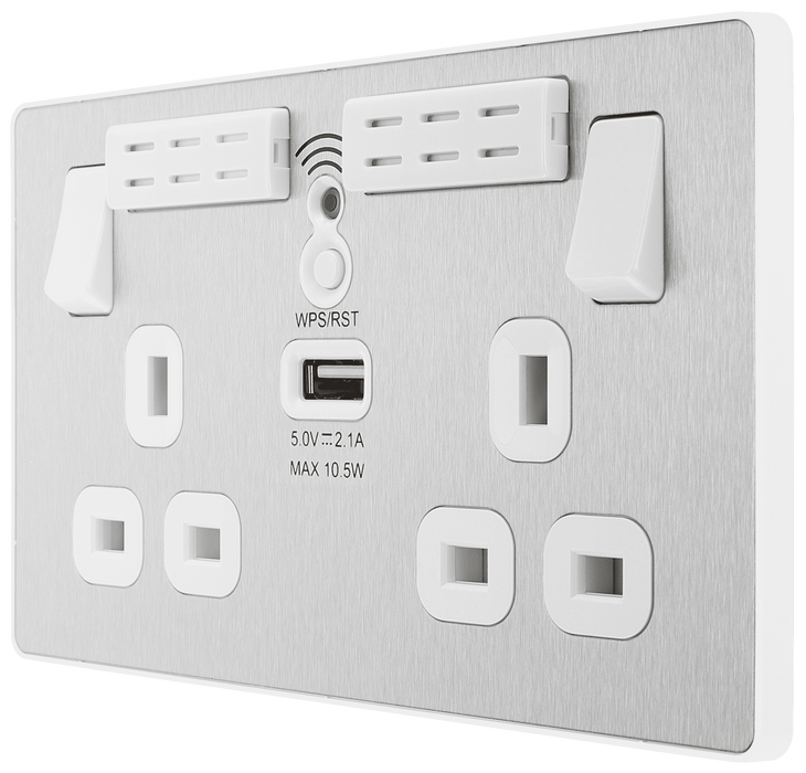 PCDBS22UWRW Front - This Evolve Brushed Steel 13A double power socket with integrated Wi-Fi Extender from British General will eliminate dead spots and expand your Wi-Fi coverage.