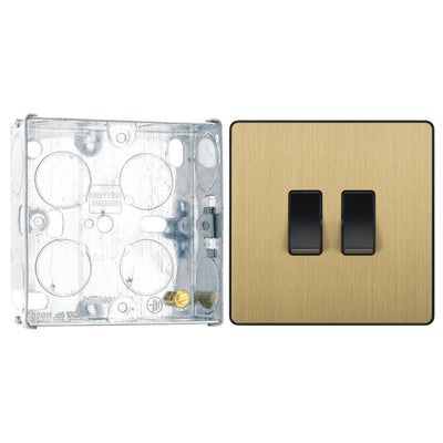 BG Evolve Satin Brass 2 Gang 20A 16AX 2 Way Light Switch PCDSB42B with 25mm Steel Back Box
