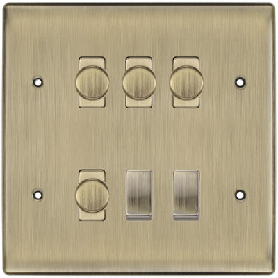 BG Nexus Antique Brass 6 Gang Switch 4x Trailing Edge LED Dimmer 2x Intermediate Switch by British General (BG-Nexus-AB-6G-CUSTOM-4x-Dimmer-2x-INT)