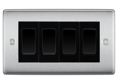 BG Nexus Brushed Steel 4-Gang Light Switch 3x 2-Way + 1x Intermediate – Black Inserts by British General (BG-Nexus-BS-4G-Combo-1x INT-3x 2WAY-BL)