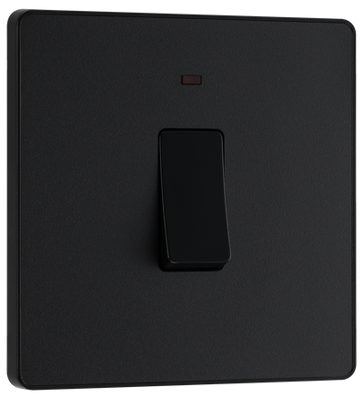 PCDMB31B Front - This Evolve Matt Black 20A double pole switch with indicator from British General has been designed for the connection of refrigerators, water heaters, central heating boilers and many other fixed appliances. This switch has a low profile screwless flat plate that clips on and off, making it ideal for modern interiors.