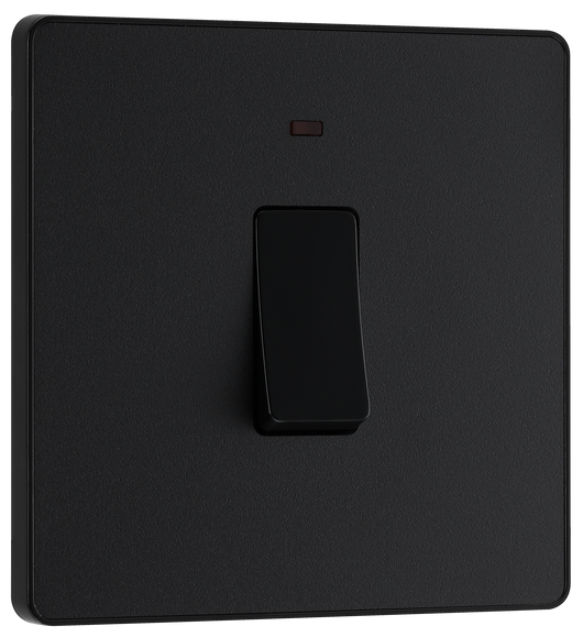 PCDMB31B Front - This Evolve Matt Black 20A double pole switch with indicator from British General has been designed for the connection of refrigerators, water heaters, central heating boilers and many other fixed appliances. This switch has a low profile screwless flat plate that clips on and off, making it ideal for modern interiors.