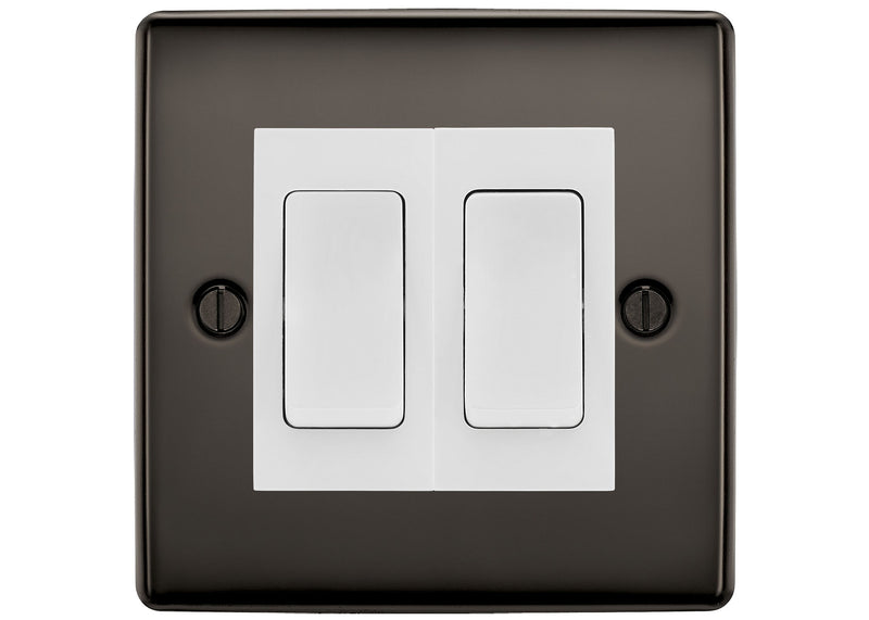 BG Nexus Black Nickel 2-Gang Light Switch 1x 2-Way + 1x Intermediate – White Inserts
