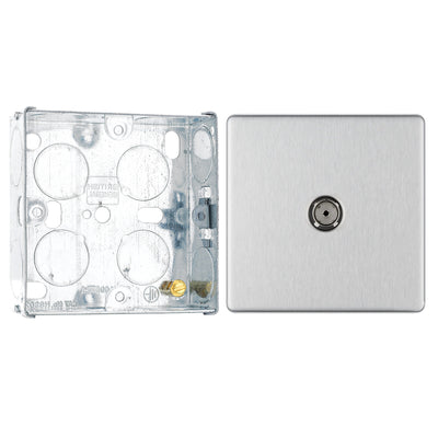 BG Screwless Brushed Steel Single Isolated Co-Axial TV Socket FBS62 with 25mm Steel Back Box