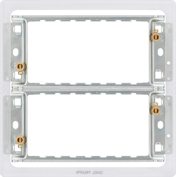 RFR68FP Back - The Grid modular range from British General allows you to build your own module configuration with a variety of combinations and finishes. This universal frame is suitable for installation of Grid screwless flatplates that fit 6 or 8 Grid modules. This frame has a fixed integrated plastic gasket to protect metal edges …