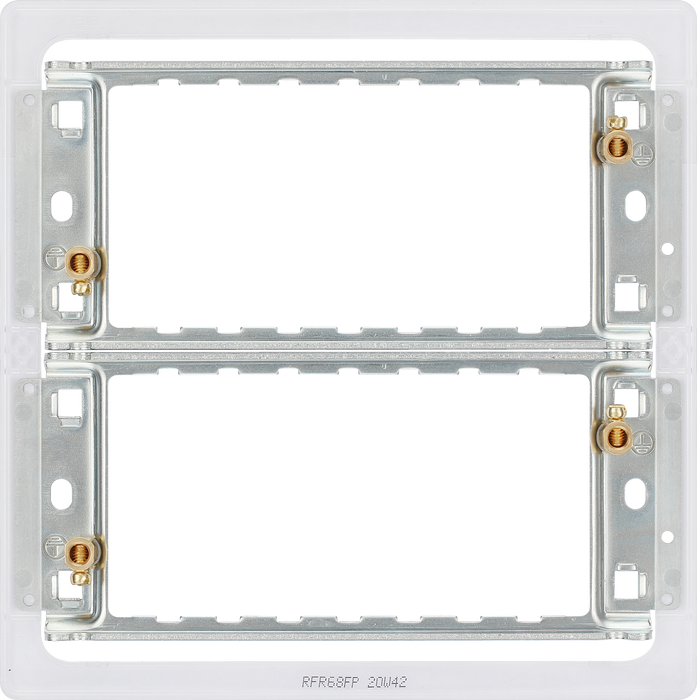RFR68FP Back - The Grid modular range from British General allows you to build your own module configuration with a variety of combinations and finishes. This universal frame is suitable for installation of Grid screwless flatplates that fit 6 or 8 Grid modules. This frame has a fixed integrated plastic gasket to protect metal edges …