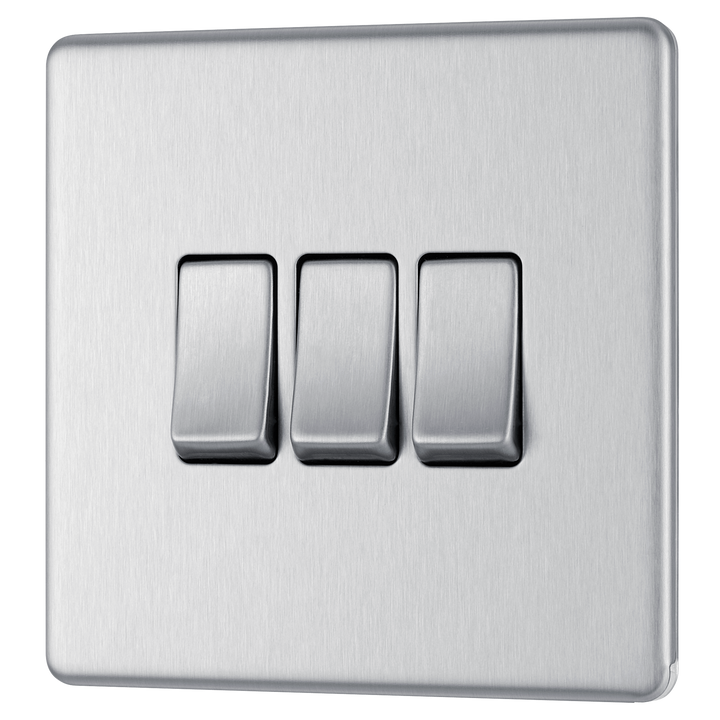 FBS43 Front - This Screwless Flat plate brushed steel finish 20A 16AX triple light switch from British General can operate 3 different lights whilst the 2 way switching allows a second switch to be added to the circuit to operate the same light from another location (e.g. at the top and bottom of the stairs).