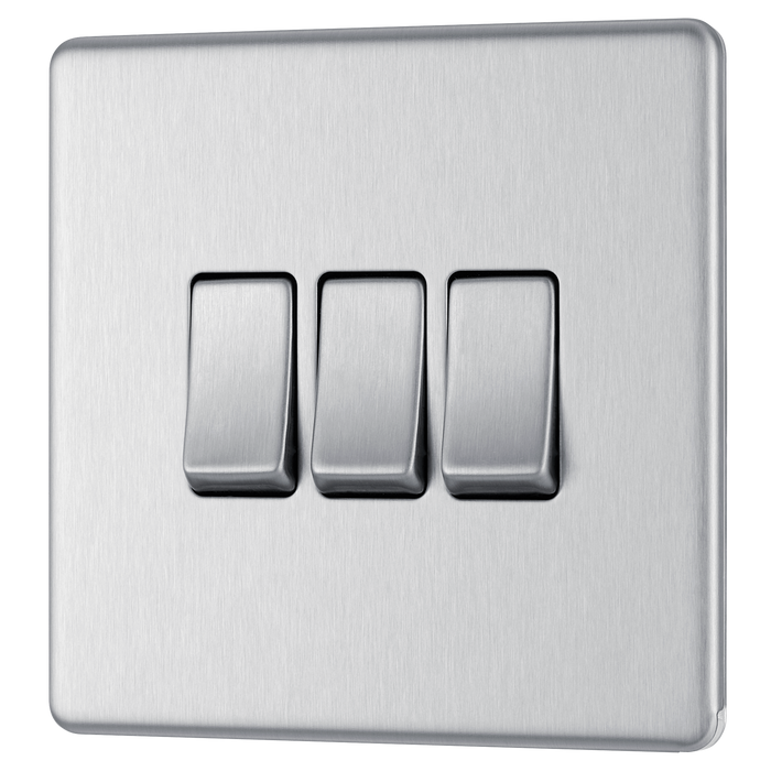 FBS43 Front - This Screwless Flat plate brushed steel finish 20A 16AX triple light switch from British General can operate 3 different lights whilst the 2 way switching allows a second switch to be added to the circuit to operate the same light from another location (e.g. at the top and bottom of the stairs).