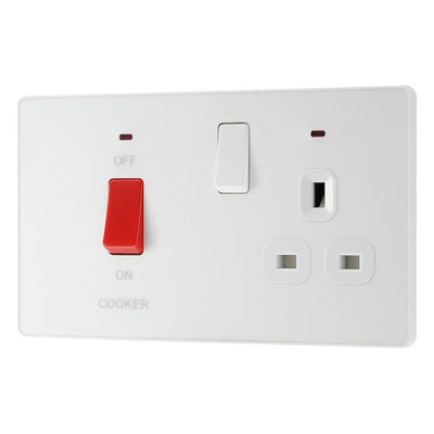 BG Evolve Pearlescent White 45A Switch 13A Switched Socket Cooker Control Unit PCDCL70W with 35mm Steel Back Box