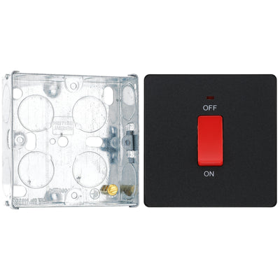 BG Evolve Matt Black 1 Gang Single Plate 45A 2 Pole Neon Cooker Switch PCDMB74B with 25mm Steel Back Box