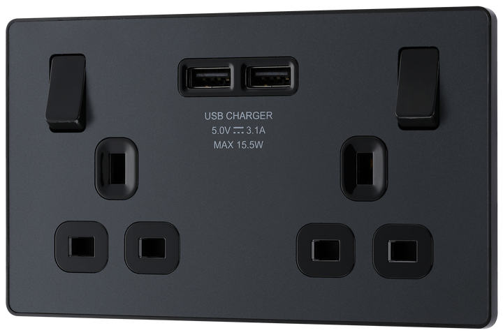 PCDMG22U3B Front - This Evolve Matt Grey 13A double power socket from British General comes with two USB charging ports, allowing you to plug in an electrical device and charge mobile devices simultaneously without having to sacrifice a power socket.