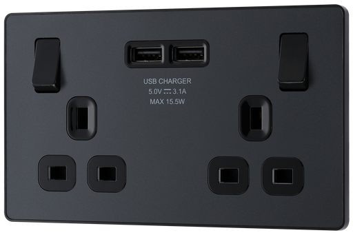 PCDMG22U3B Front - This Evolve Matt Grey 13A double power socket from British General comes with two USB charging ports, allowing you to plug in an electrical device and charge mobile devices simultaneously without having to sacrifice a power socket.