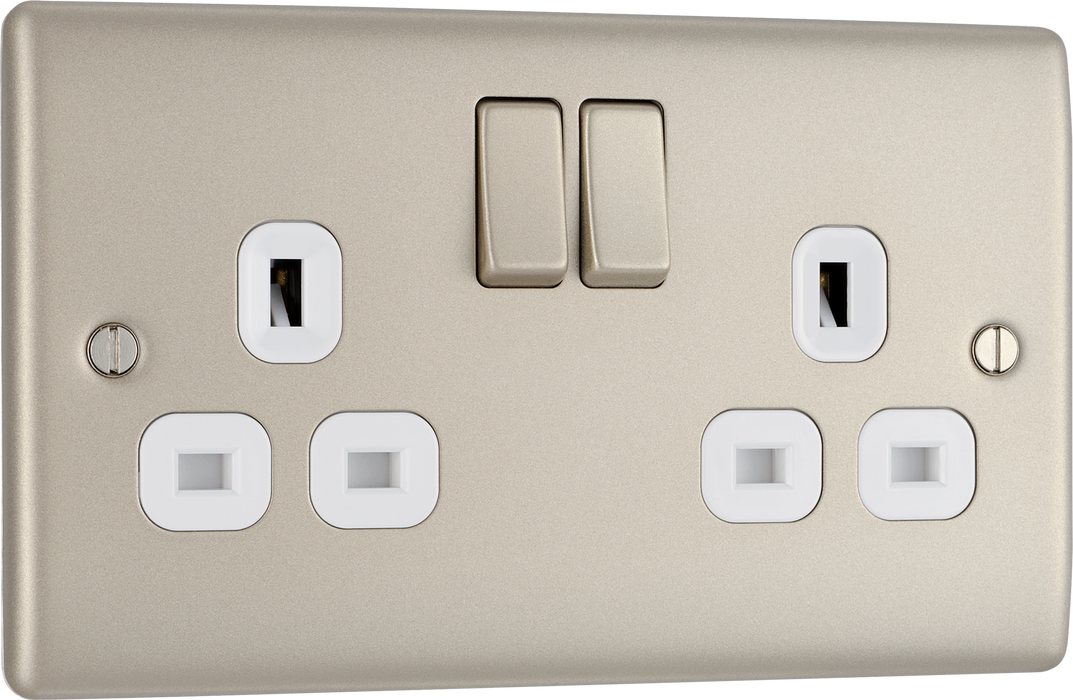 NPR22W Front - This pearl nickel finish 13A single switched socket from British General has a sleek and slim profile with softly rounded edges and no visible plastic aroun d the switches to add a touch of luxury to your decor.