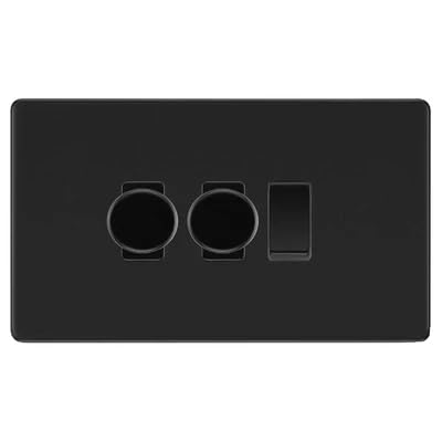 BG Screwless Matt Black 3 Gang Switch 2x Trailing Edge LED Dimmer 1x Intermediate Custom Grid Switch by British General (BG-SCRL-FB-3G-CUSTOM-2x-Dimmer-1x-INT)