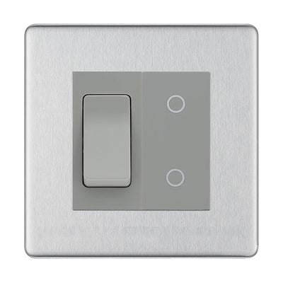 BG Brushed Steel Screwless 2 Gang Custom Switch 1x 2 Way DP Switch 1x Master Touch Dimmer - Grey Inserts by British General (BG-SL-BS-2G-1x2WAY-DP-SWITCH-1xMTD-GI)