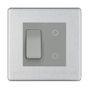 BG Brushed Steel Screwless 2 Gang Custom Switch 1x 2 Way DP Switch 1x Master Touch Dimmer - Grey Inserts by British General (BG-SL-BS-2G-1x2WAY-DP-SWITCH-1xMTD-GI)