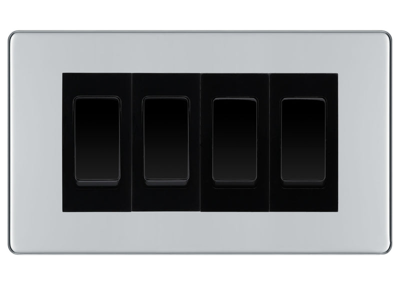 BG Electrical Screwless Polished Chrome 4-Gang Light Switch 2x 2-Way + 2x Intermediate – Black Inserts