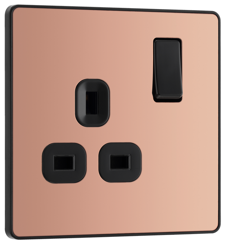 PCDCP21B Front - This Evolve Polished Copper 13A single switched socket from British General has been designed with angled in line colour coded terminals and backed out captive screws for ease of installation, and fits a 25mm back box making it an ideal retro-fit replacement for existing sockets.