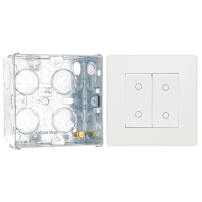 BG Evolve Pearlescent White Double Master Touch Dimmer Switch PCDCLTDM2W with 35mm Steel Back Box