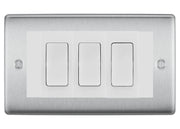 BG Nexus Brushed Steel 3 Gang Intermediate Light Switch Custom Grid - White Insert by British General (BG-Nexus-BS-3G-Combo-3x INT-WH)
