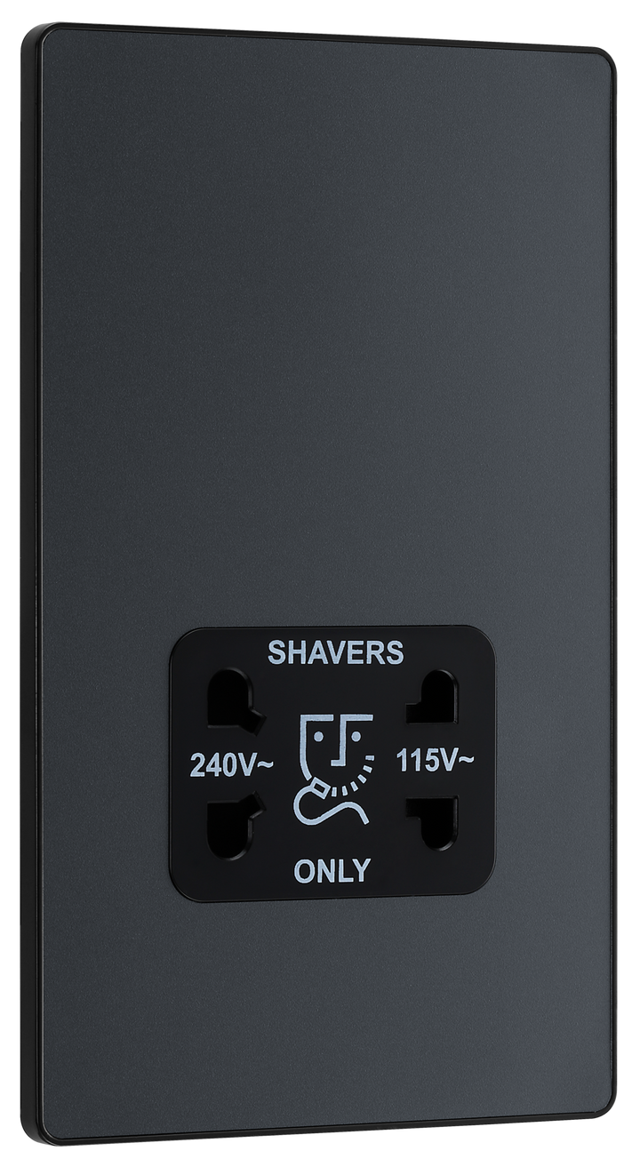 PCDMG20B Front - This Evolve Matt Grey dual voltage shaver socket from British General is suitable for use with 240V and 115V shavers and electric toothbrushes.