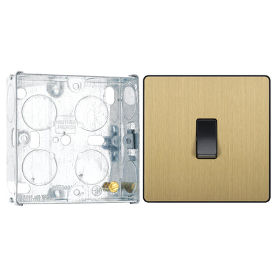 BG Evolve Satin Brass 1 Gang 20A 16AX Intermediate Light Switch PCDSB13B with 25mm Steel Back Box