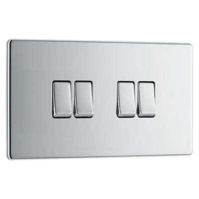 BG Screwless Polished Chrome 20A 16AX 2 Way Quadruple Light Switch FPC44 with 35mm Steel Back Box