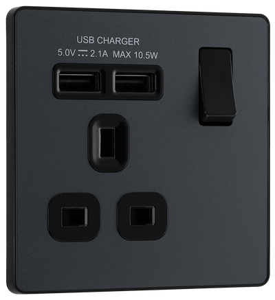 PCDMG21U2B Front - This Evolve Matt Grey 13A single power socket from British General comes with two USB charging ports, allowing you to plug in an electrical device and charge mobile devices simultaneously without having to sacrifice a power socket.