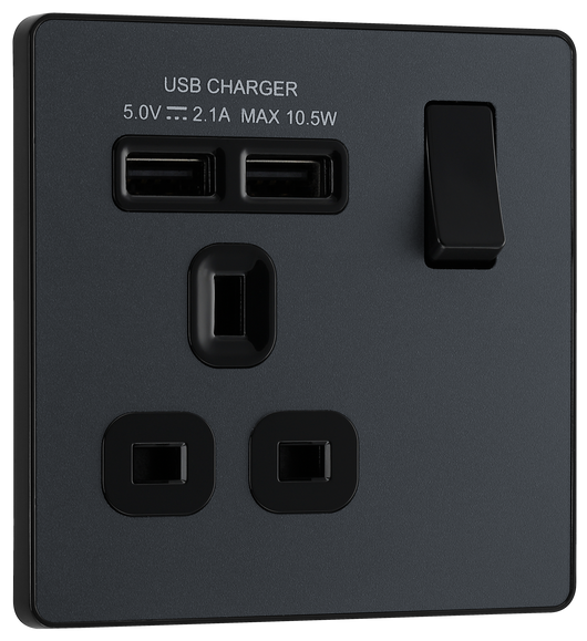 PCDMG21U2B Front - This Evolve Matt Grey 13A single power socket from British General comes with two USB charging ports, allowing you to plug in an electrical device and charge mobile devices simultaneously without having to sacrifice a power socket.