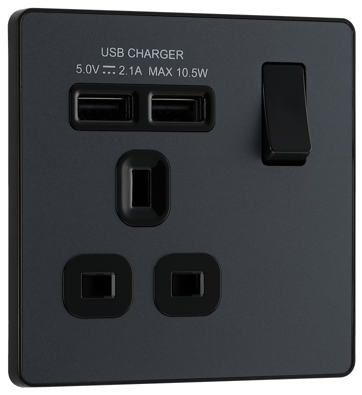 PCDMG21U2B Front - This Evolve Matt Grey 13A single power socket from British General comes with two USB charging ports, allowing you to plug in an electrical device and charge mobile devices simultaneously without having to sacrifice a power socket.