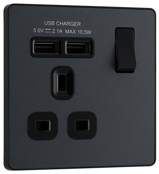 PCDMG21U2B Front - This Evolve Matt Grey 13A single power socket from British General comes with two USB charging ports, allowing you to plug in an electrical device and charge mobile devices simultaneously without having to sacrifice a power socket.
