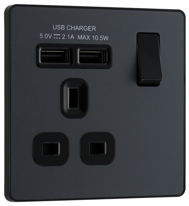 PCDMG21U2B Front - This Evolve Matt Grey 13A single power socket from British General comes with two USB charging ports, allowing you to plug in an electrical device and charge mobile devices simultaneously without having to sacrifice a power socket.
