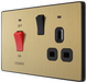 PCDSB70B Front - This Evolve Satin Brass 45A cooker control unit from British General includes a 13A socket for an additional appliance outlet, and has flush LED indicators above the socket and switch.
