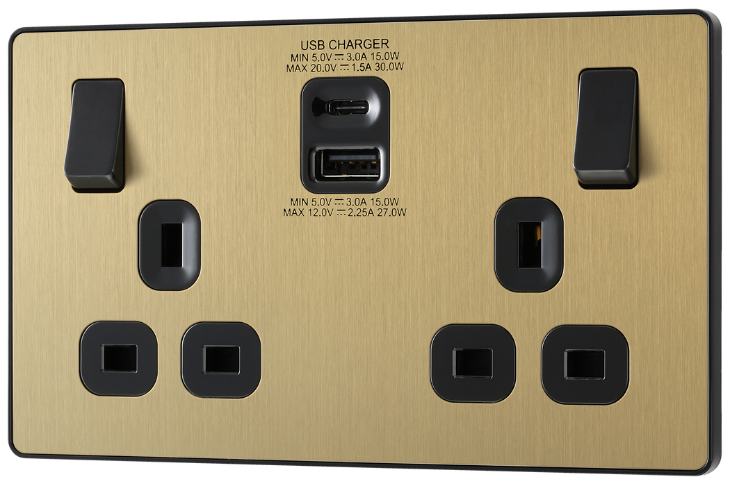 PCDSB22UAC30B Front - This Evolve Satin Brass 13A power socket from British General with integrated fast charge USB-A and USB-C ports delivers a 50% charge to mobile phones in just 30 minutes. These sockets allow you to charge your devices without sacrificing power sockets, and with no need for bulky adaptors.