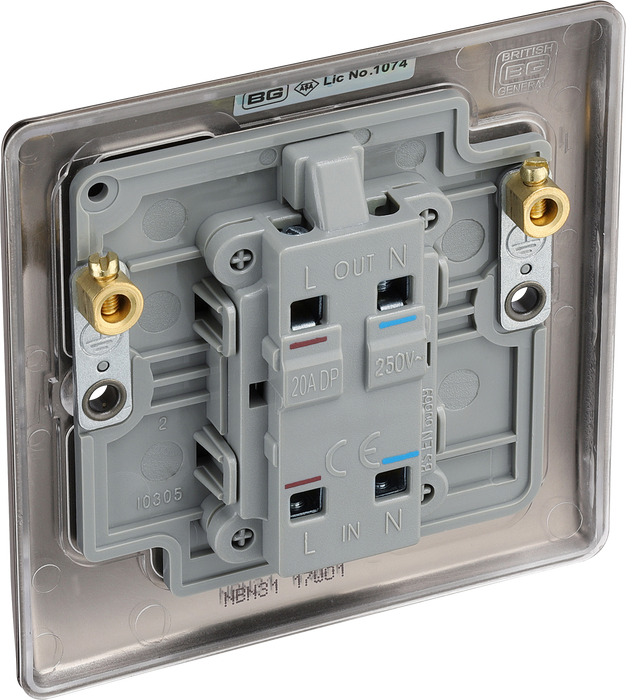 NBN31 Back - This 20A double pole switch with indicator from British General has been designed for the connection of refrigerators water heaters, central heating boilers and many other fixed appliances.