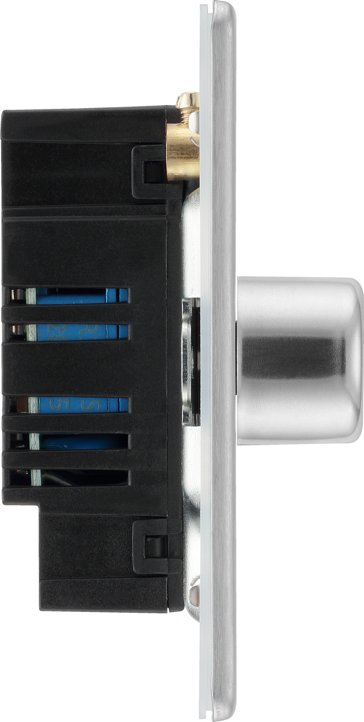 FBS83 Side - This trailing edge triple dimmer switch from British General allows you to control your light levels and set the mood. The intelligent electronic circuit monitors the connected load and provides a soft-start with protection against thermal.