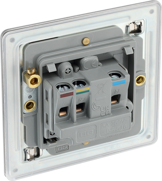 FBS29G Back - This 5A round pin socket from British General can be used to connect lamps to a lighting circuit. The brushed steel finish has an anti-fingerprint lacquer and slim clip-on/off front-plate to add a touch of luxury to your decor.