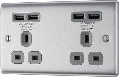 BG NBS24U44G Nexus Metal Brushed Steel 2 Gang 13A 4x USB-A 4.2A Unswitched Socket - Grey Insert