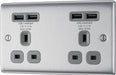 NBS24U44G Front - The BG Electrical Nexus Metal NBS24U44G is a brushed stainless steel double (2 gang) switched socket with grey inserts and 4 4.2A USB sockets, manufactured by British General Electrical. 