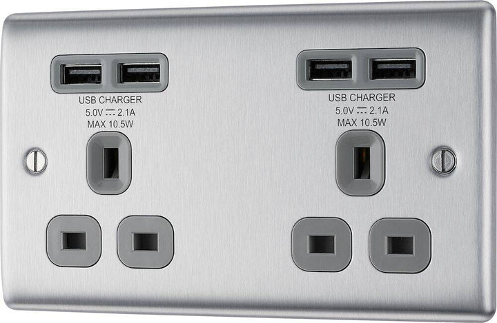 NBS24U44G Front - The BG Electrical Nexus Metal NBS24U44G is a brushed stainless steel double (2 gang) switched socket with grey inserts and 4 4.2A USB sockets, manufactured by British General Electrical. 