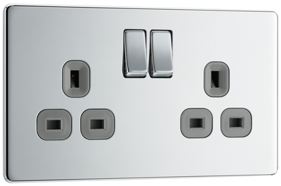 BG FPC22G Nexus Screwless Flat-Plate Double Switched Plug Socket Polished Chrome Grey Inserts, 13A