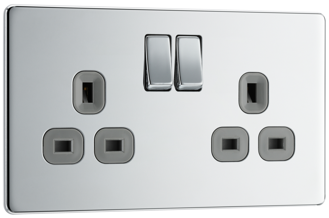 FPC22G Front - This Screwless Flat plate polished chrome finish 13A double switched socket from British General has a sleek flat profile that clips on and off for a screwless premium finish, with no visible plastic around the switch.